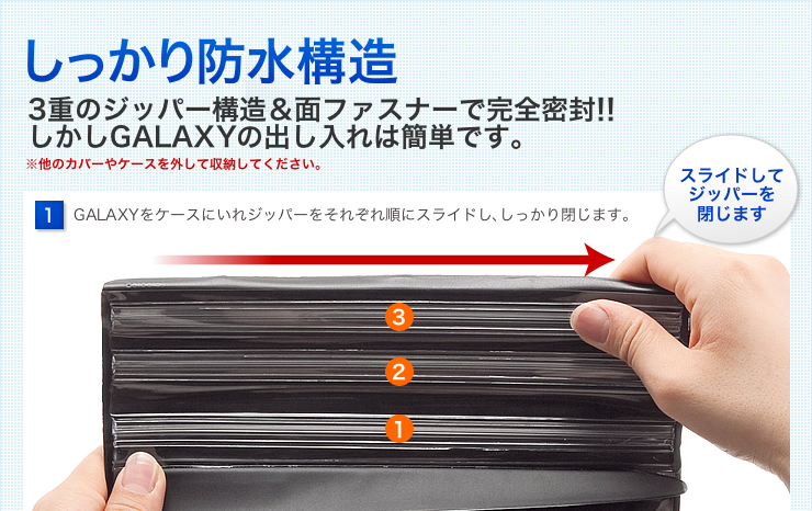 しっかり防水構造　GALAXYをケースに入れジッパーをそれぞれ順にスライドし、しっかり閉じます。