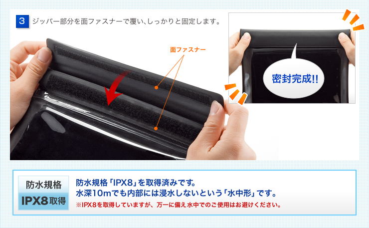 ジッパー部分を面ファスナーで覆い、しっかりと固定します。