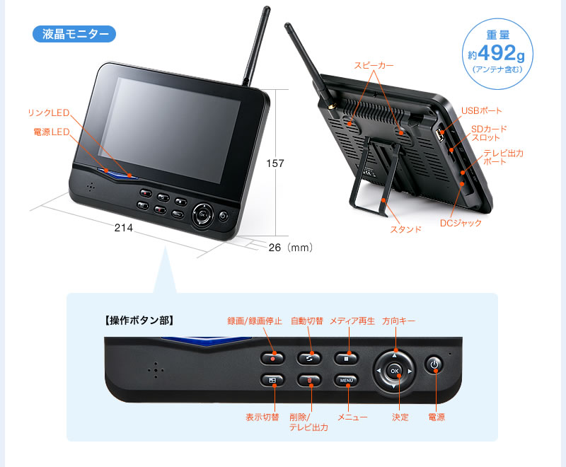 液晶モニター  重量約492g アンテナ含まず 操作ボタン部