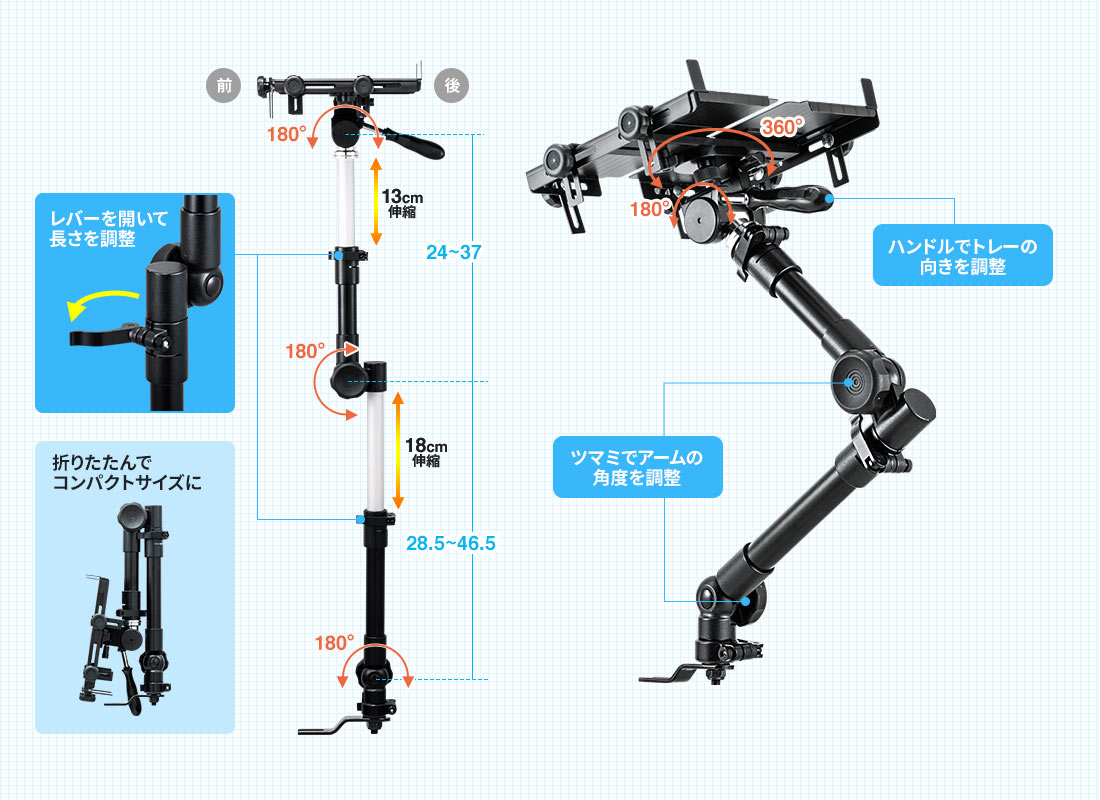 レバーを開いて長さを調整 ツマミでアームの角度を調整 ハンドルでトレーの向きを調整