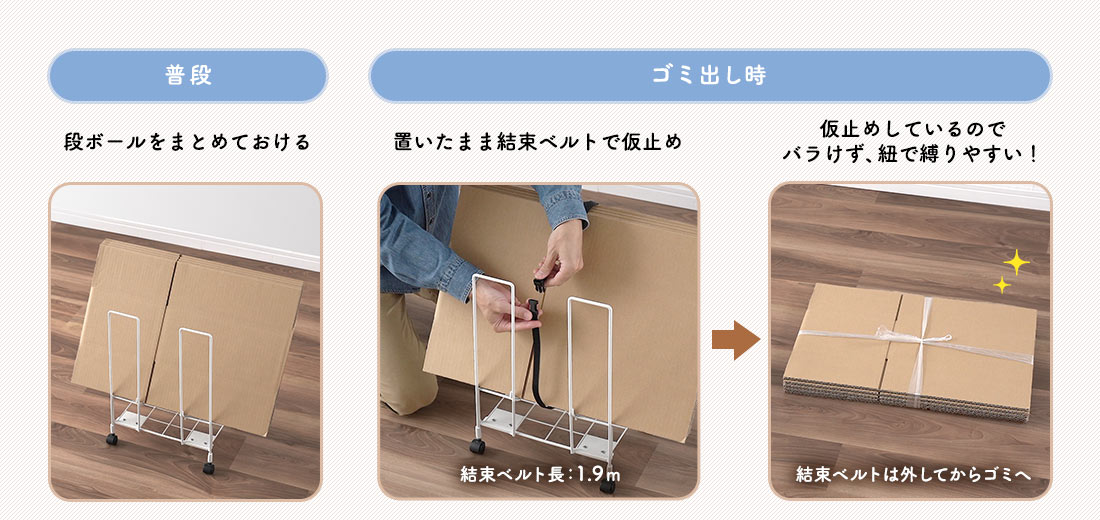 段ボールをまとめておける 置いたまま結束ベルトで仮止め 仮止めしているのでバラけず、紐で縛りやすい