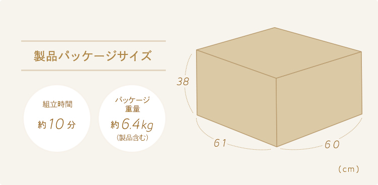 製品パッケージサイズ　組立時間約10分 パッケージ重量約6.4kg(製品含む)、幅61cm×奥行き60cm×高さ38cm。