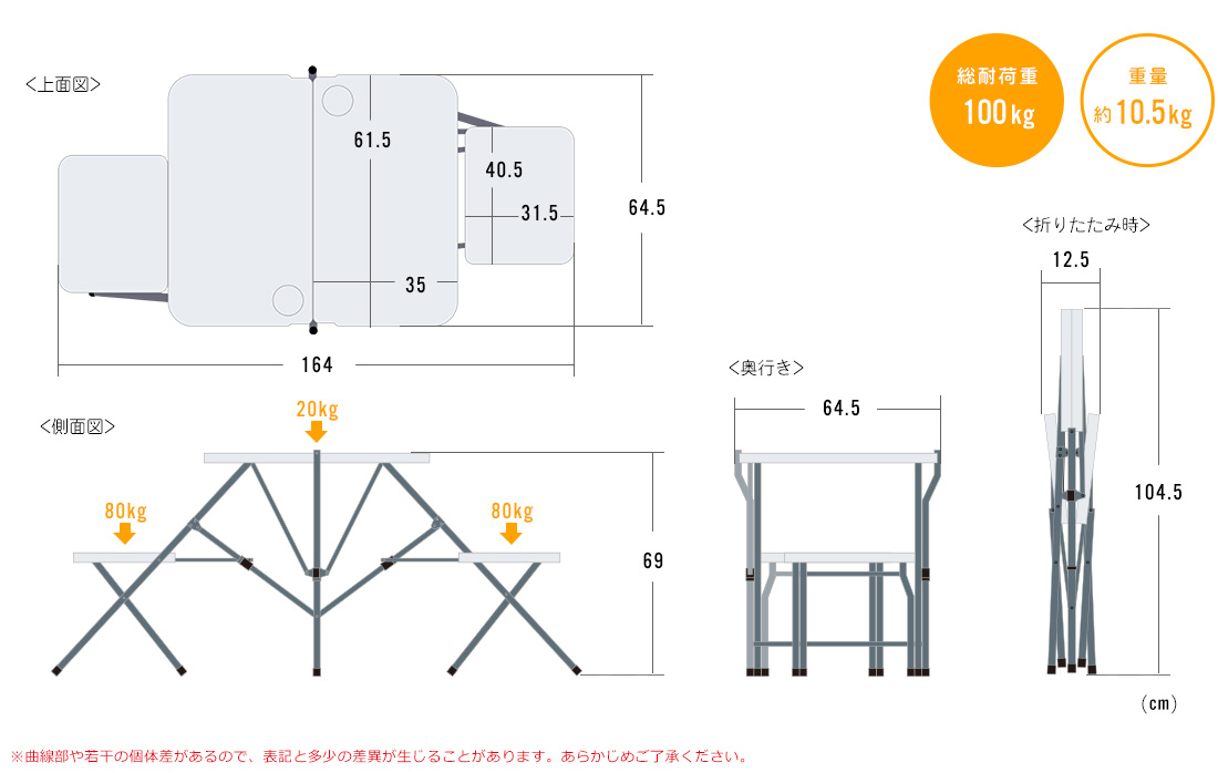 上面図、側面図、側面図、折りたたみ時。※曲線部や若干の個体差があるので、表記と多少の差異が生じることがあります。あらかじめご了承ください。