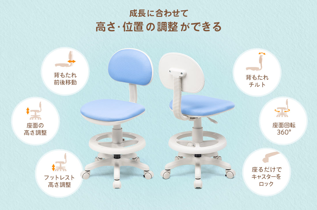 成長に合わせて高さ・位置の調整ができる。背もたれ前後移動、背もたれチルト、座面の高さ調整、座面回転360°、フットレスト高さ調整、座るだけでキャスターをロック