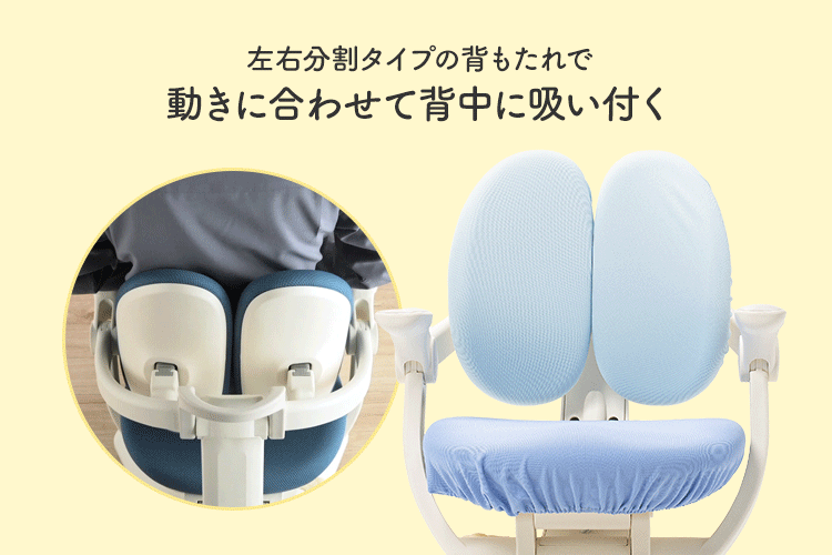 左右分割タイプの背もたれで動きに合わせて背中に吸い付く。