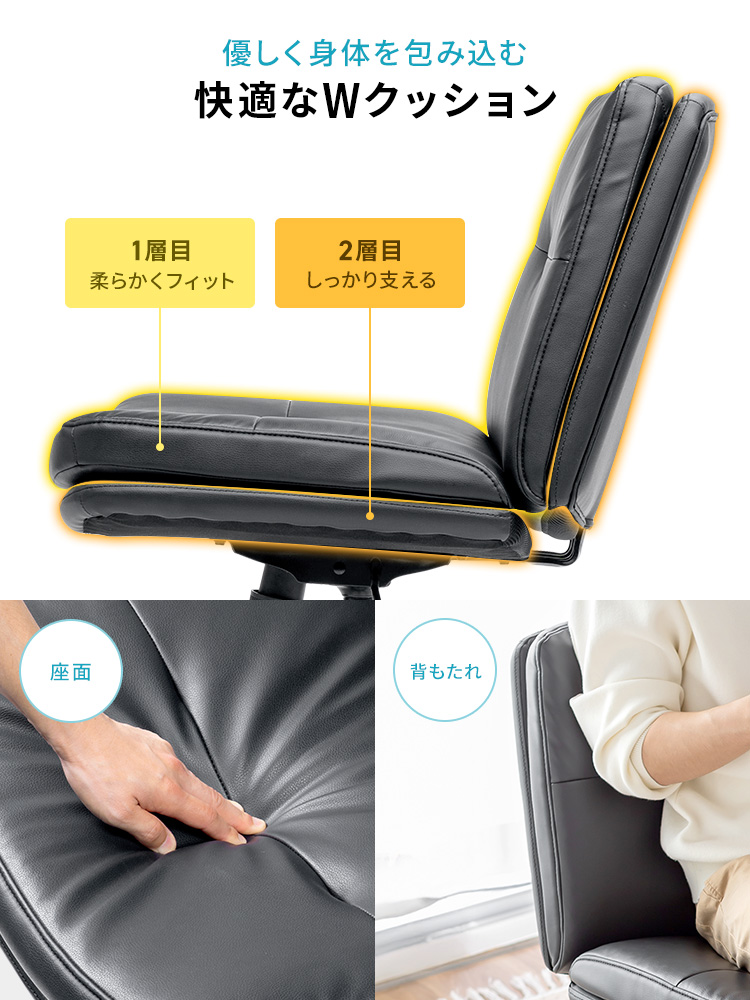 座面、背もたれの、クッションの1層目は、柔らかくフィットし、2層目で、しっかり支え、優しく身体を包み込む、快適なWクッション。