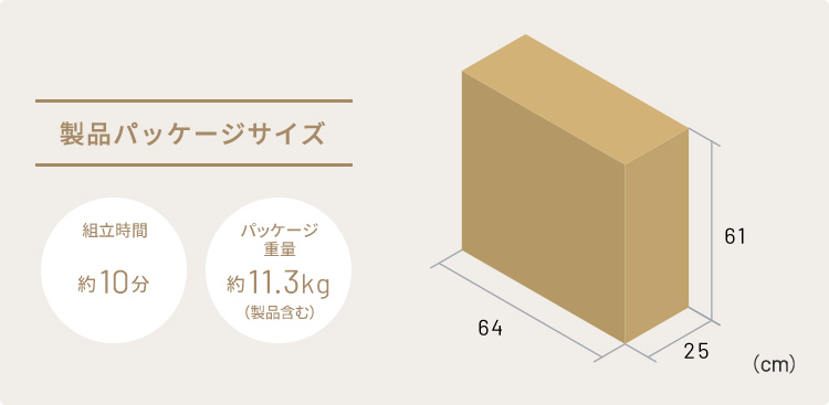 製品パッケージサイズ 組立時間（目安）10分 パッケージ重量約11.3kg（製品含む）