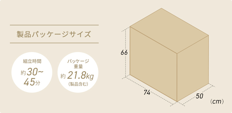 製品パッケージサイズ 組立時間（目安）約30分～45分 パッケージ重量約21.8kg（製品含む）。
