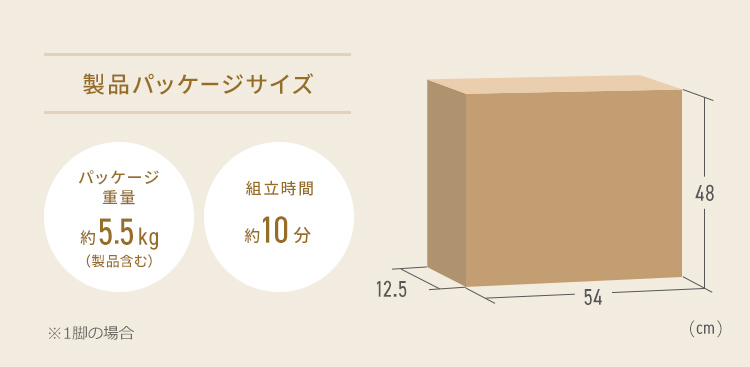 製品パッケージサイズ　組立時間約10分 パッケージ重量約5.5kg(製品含む)、幅54cm×奥行き12.5cm×高さ48cm