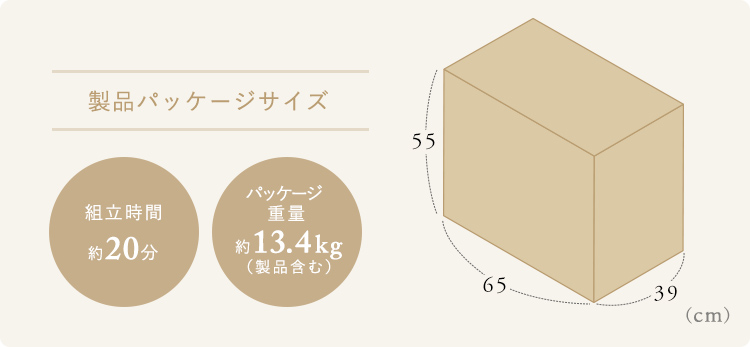 製品パッケージサイズ 組立時間約20分 パッケージ重量約13.4kg（製品含む）