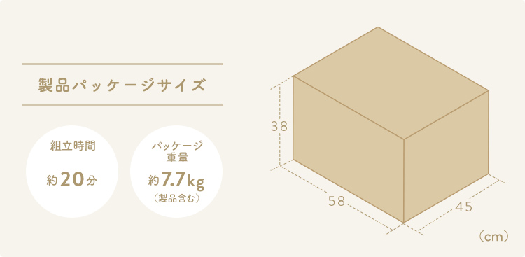 製品パッケージサイズ 組立時間約20分 パッケージ重量約7.7kg(製品含む)