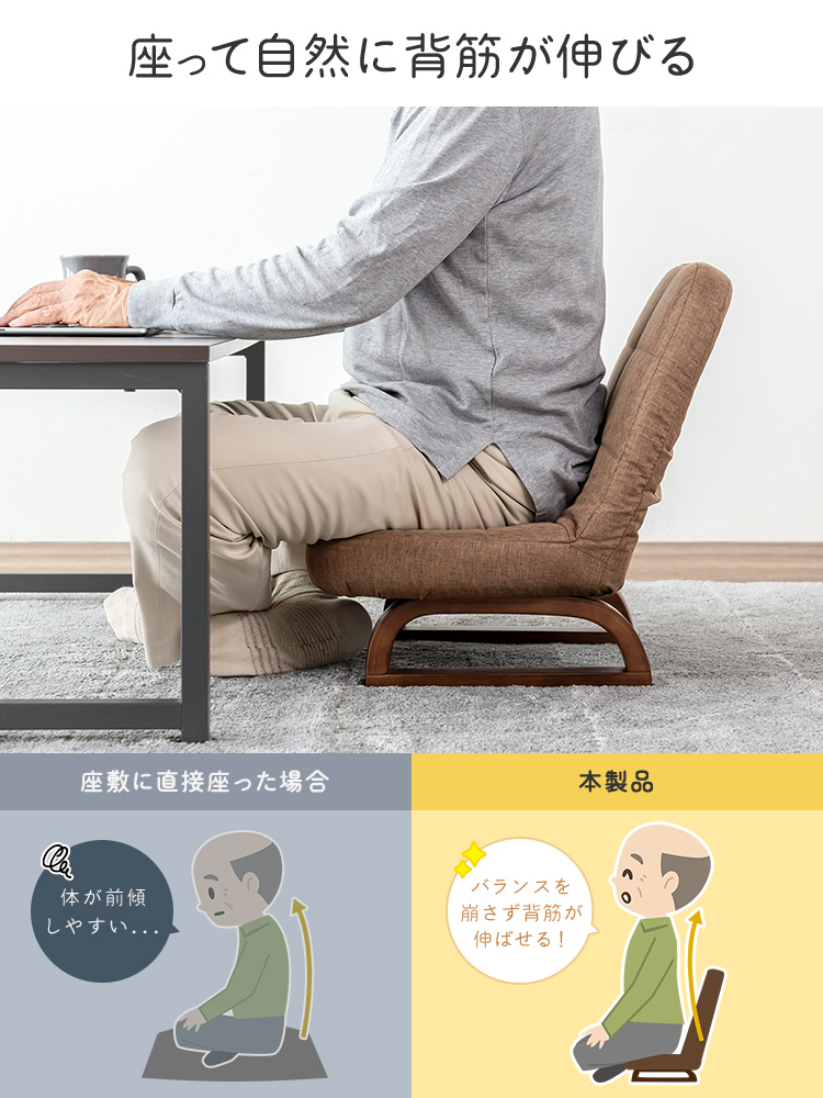 座って自然に背筋が伸びる。座敷に直接座った場合、体が前傾しやすい、本製品なら、バランスを崩さず背筋が伸ばせます。