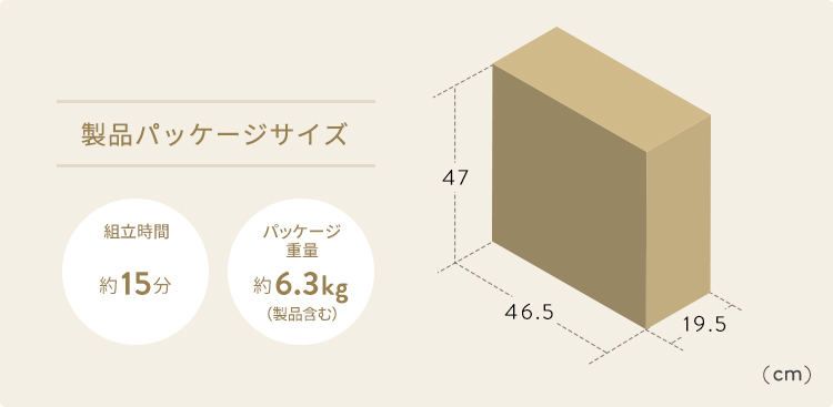 製品パッケージサイズ、パッケージ重量約6.3kg(製品含む)。組み立て時間は約15分です。
