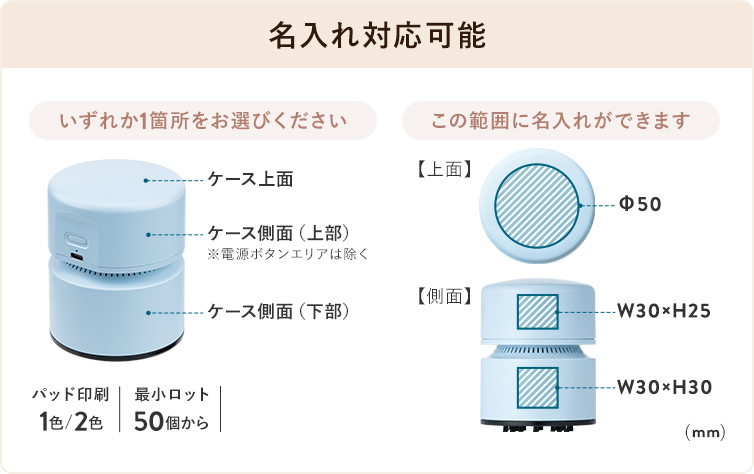 名入れ対応可能。ケース上面（φ50）、ケース側面（上部：W30×H25 ※電源ボタンエリア除く）、ケース側面（下部：W30×H30）のいずれか1か所に入れることが可能です。パッド印刷1色または2色で最小ロット数は50個から注文可能です。