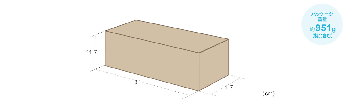 11.7×11.7×31cm。パッケージ重量約951g（製品含む）