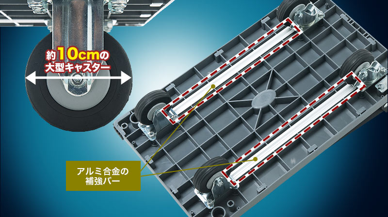 約10cmの大型キャスター アルミ合金の補強バー