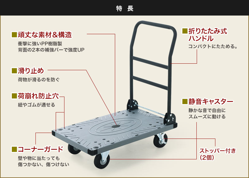 特徴 頑丈な素材 構造 滑り止め 荷崩れ防止穴 コーナーガード 折りたたみ式ハンドル 静音キャスター ストッパー付き