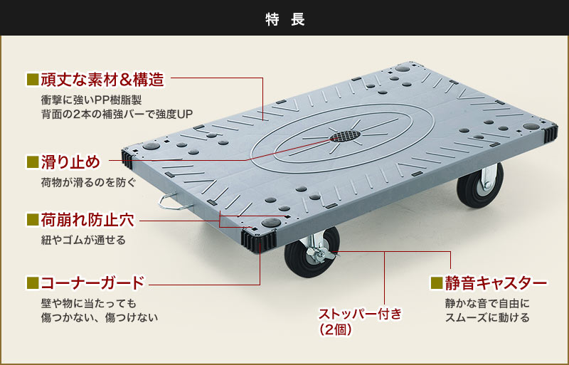 特徴 頑丈な素材 構造 滑り止め 荷崩れ防止穴 コーナーガード 静音キャスター ストッパー付き