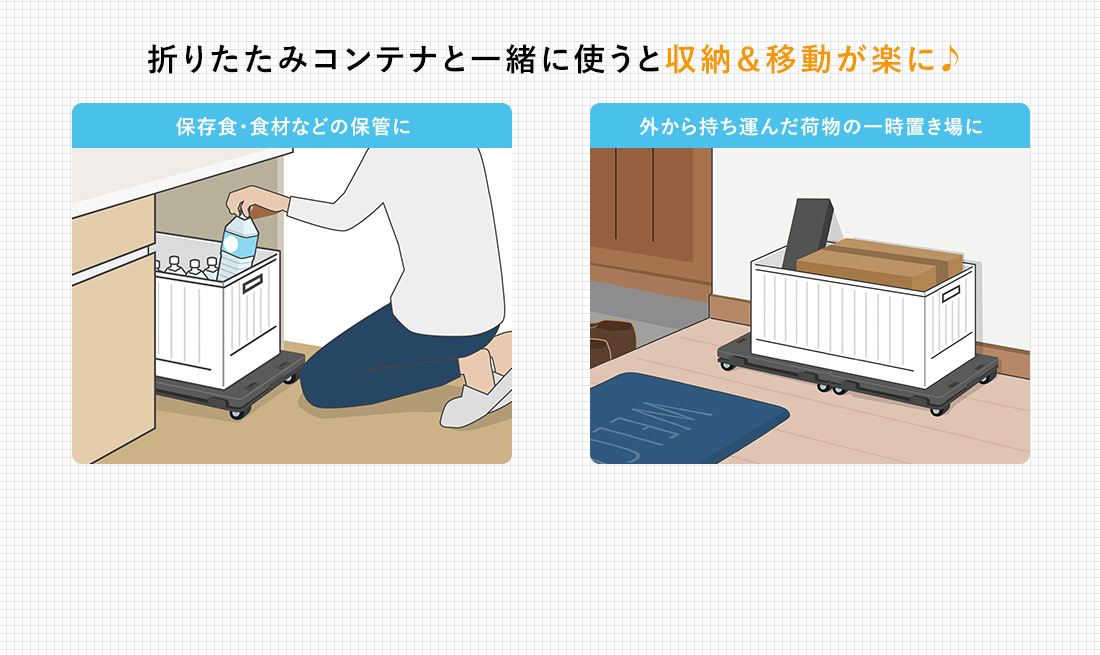 折りたたみコンテナと一緒に使うと収納 移動が楽に 保存食・食材などの保管に 外から持ち運んだ荷物の一時置き場に