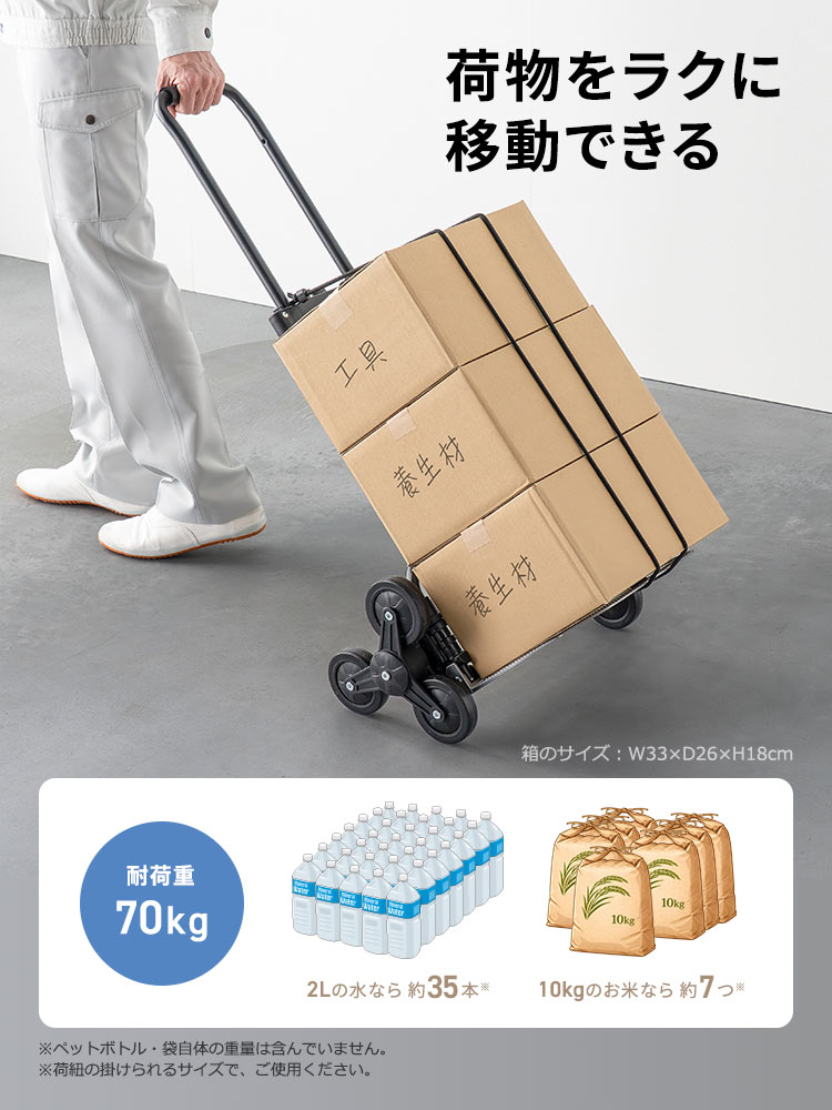 荷物をラクに移動できます。耐荷重70kgで、2Lの水なら約35本、10kgのお米なら約7つ運ぶことができます。※ペットボトル・袋自体の重量は含んでいません。荷紐の掛けられるサイズで、ご使用ください。