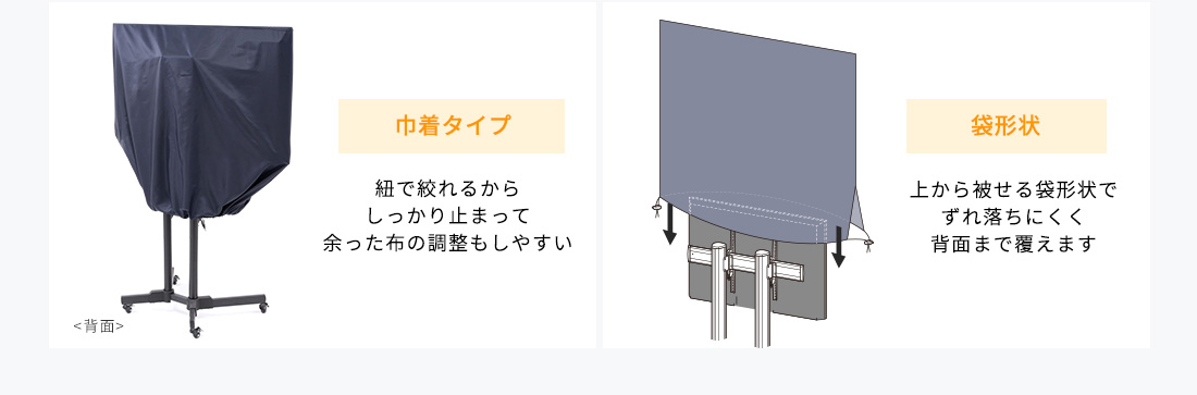 巾着タイプは紐で絞れるからしっかり止まって、余った布の調整もしやすい。また、上から被せる袋形状で、ずれ落ちにくく背面まで覆えます。