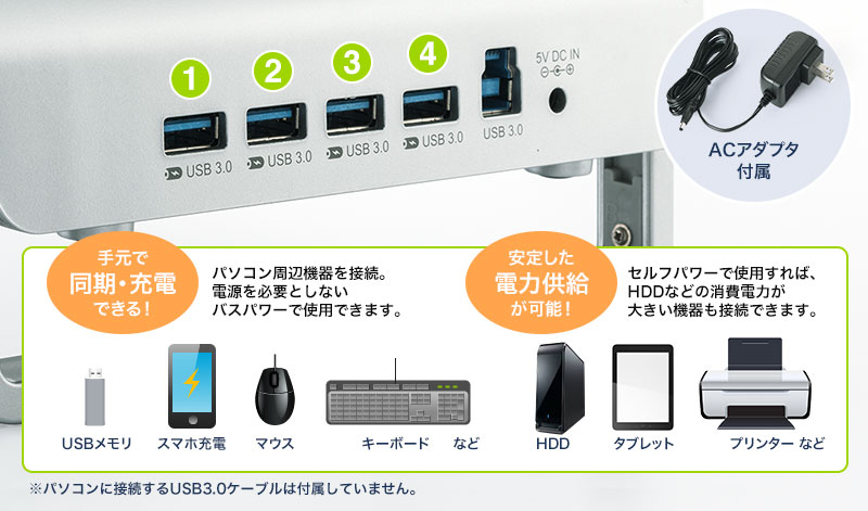 ACアダプタ付属 手元で同期・充電できる 安定した電力供給が可能