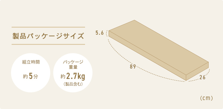 製品パッケージサイズ 組立時間（目安）5分 パッケージ重量約2.7kg（製品含む）