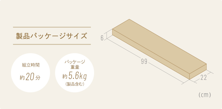 製品パッケージサイズ、パッケージ重量約5.6kg(製品含む)。組み立て時間は約20分です。
