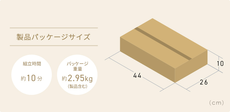 製品パッケージサイズは幅44cm×奥行き26cm×高さ10cm、パッケージ重量約2.95kg（製品含む）、組み立て時間約10分。