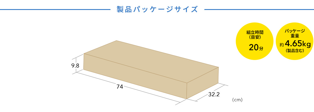 製品パッケージサイズ。組立時間 (目安)20分、パッケージ重量約4.65kg（製品含む）。