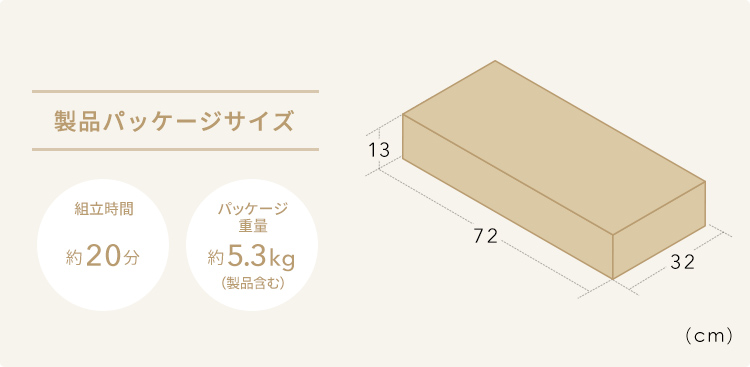 製品パッケージサイズ 組立時間約20分 パッケージ重量約5.3kg（製品含む）