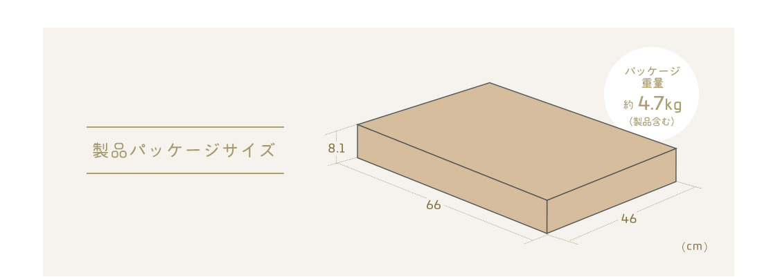 製品パッケージサイズ、パッケージ重量約4.7kg（製品含む）