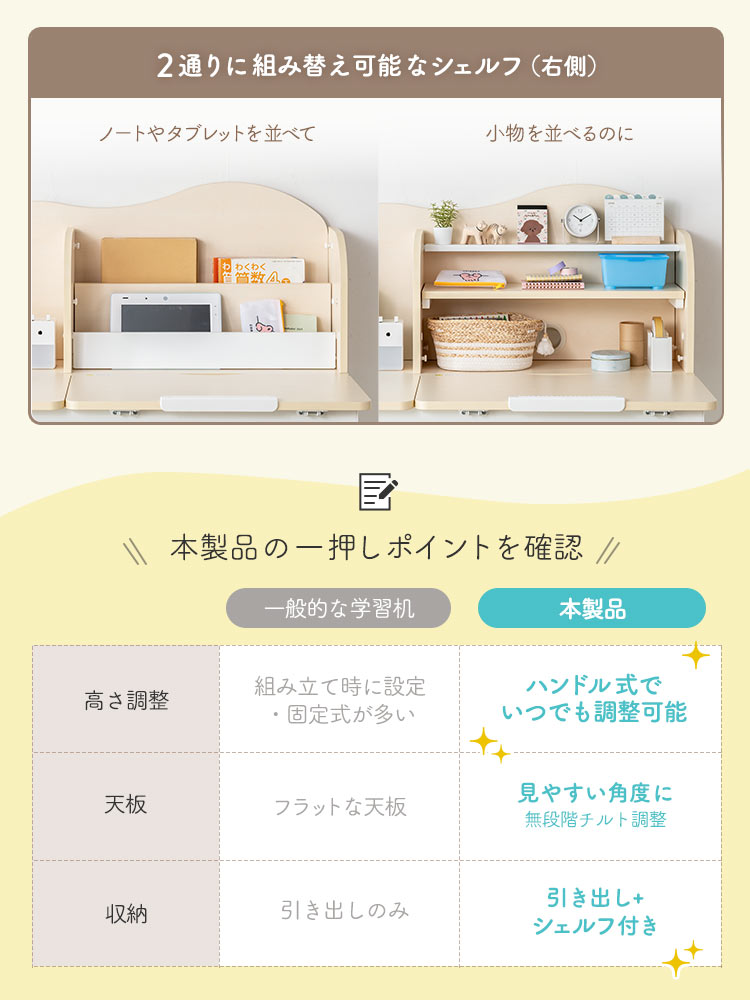 シェルフは2通りに組み替えが可能です。本製品の一押しポイントを確認。ハンドル式で回すだけで高さ調整ができ、見やすい角度に無段階チルト調整が可能。引き出しとシェルフ付きです。