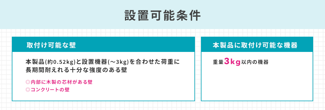 設置可能条件は、本製品（約0.52kg）と設置器具（～3kg）を合わせた荷重に長時間耐えれる十分な強度のある壁