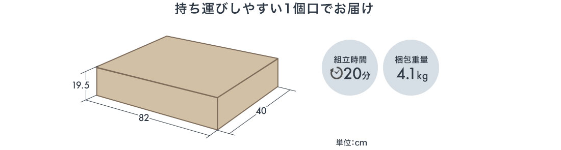 持ち運びしやすい1個口でお届け 組立時間20分 梱包重量 4.1kg