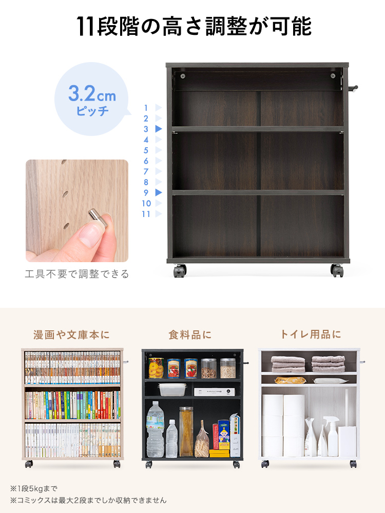 3.2cmピッチで11段階の高さ調整が可能なので、漫画や文庫本を置いたり食料品、トイレ用品など様々な高さの小物を収納できます。※1段5kgまで、コミックスは最大2段までしか収納できません。