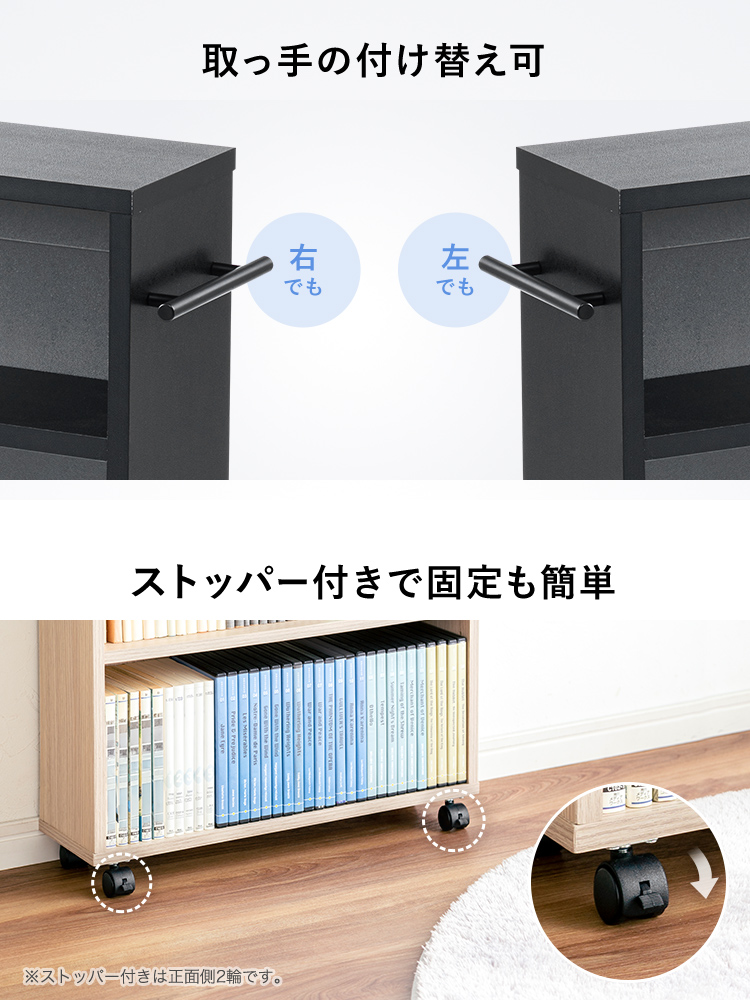 取っ手の付け替えが可能で左右どちらにも付けることができ、キャスターはストッパー付きで固定も簡単です。