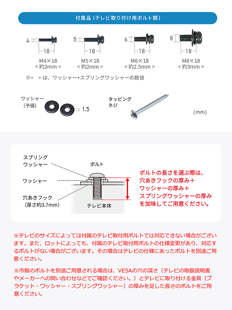 付属品（テレビ取り付け用ボルト類）。M4×18、M5×18、M6×18、M8×18。予備のワッシャー、タッピングネジ。ボルトの長さを選ぶ際は、穴あきフックの厚み＋ワッシャーの厚み＋スプリングワッシャーの厚みを加味してご用意ください。※テレビのサイズによっては付属のテレビ取付用ボルトでは対応できない場合がございます。また、ロットによっても、付属のテレビ取付用ボルトの仕様変更があり、対応するボルトがない場合がございます。その場合はテレビの仕様にあったボルトを別途ご用意ください。市販のボルトを別途ご用意される場合は、VESAの穴の深さ（テレビの取扱説明書やメーカーへの問い合わせなどでご確認ください。）とテレビに取り付ける金具（ブラケット・ワッシャー・スプリングワッシャー）の厚みを足した長さのボルトをご用意ください。
