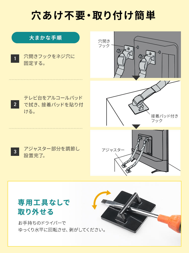 穴あけ不要で、取り付け簡単です。大まかな手順、1、穴開きフックをネジ穴に固定する。2、テレビ台をアルコールパッドで拭き、接着パッドを貼り付ける。3、アジャスター部分を調節し設置完了。専用工具なしで取り外せるので、お手持ちのドライバーでゆっくり水平に回転させ、剥がしてください。