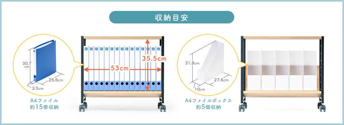 収納目安A4ファイル約15冊収納・A4ファイルボックス約5個収納