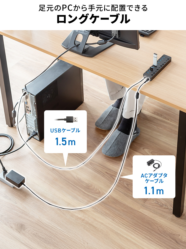 足元のPCから手元に配置できるロングケーブル。USBケーブルは1.5m、ACアダプタケーブルは、1.1mの長さがあります。