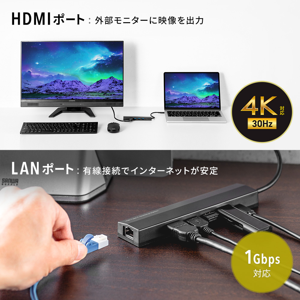 HDMIポート:外部モニターに映像を出力 LANポート:有線接続でインターネットが安定