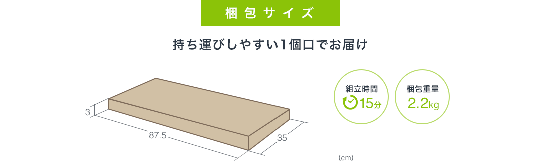 梱包サイズ 持ち運びしやすい1個口でお届け 組立て時間15分 梱包重量2.2kg