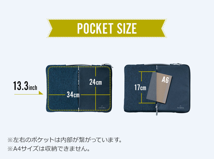 POCKET SIZE ※左右のポケットは内部が繋がっています。 ※A4サイズは収納できません。