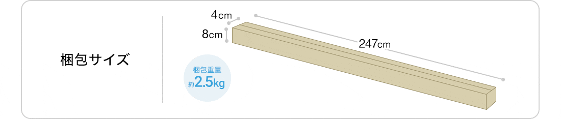 梱包サイズ　4cm×8cm×247cm。梱包重量約2.5kg