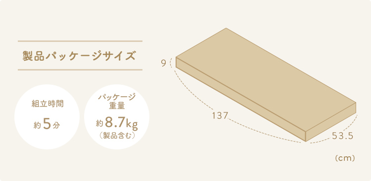 製品パッケージサイズ　組立時間約5分 パッケージ重量約8.7kg(製品含む)