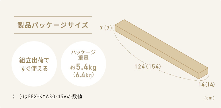 製品パッケージサイズ、パッケージ重量約5.4kg（6.4kg）。6.4kgはEEX-KYA30-4SVの数値。組立出荷ですぐに使えます。