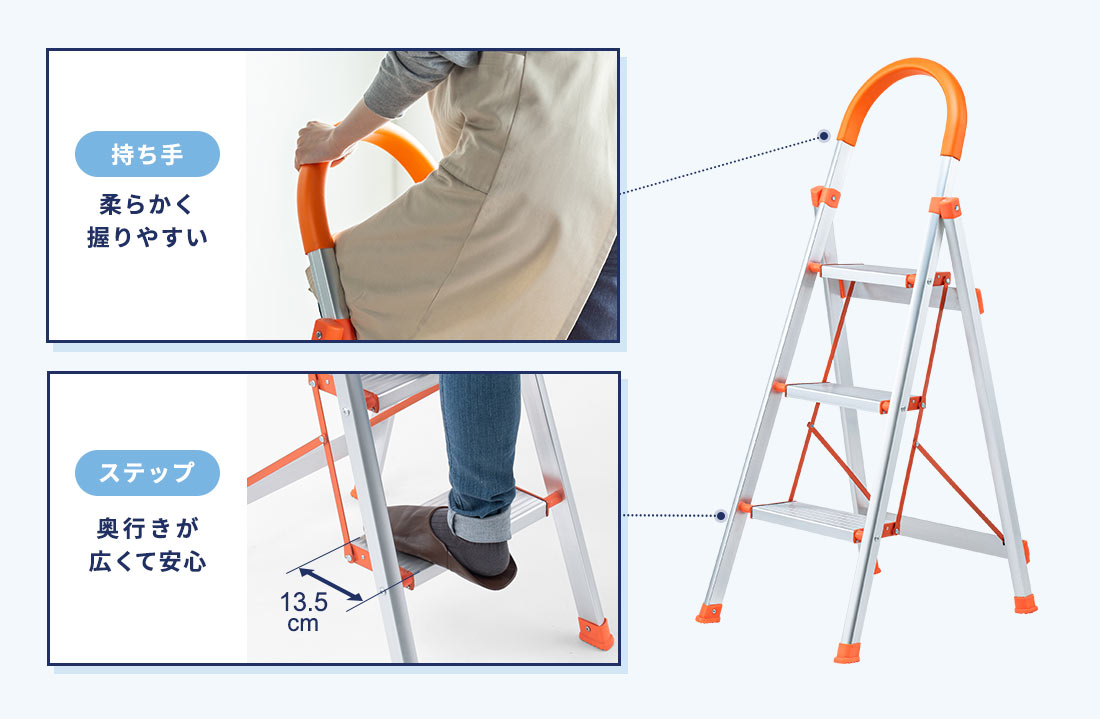 持ち手は柔らかくて握りやすく、ステップも奥行きが広くて安心