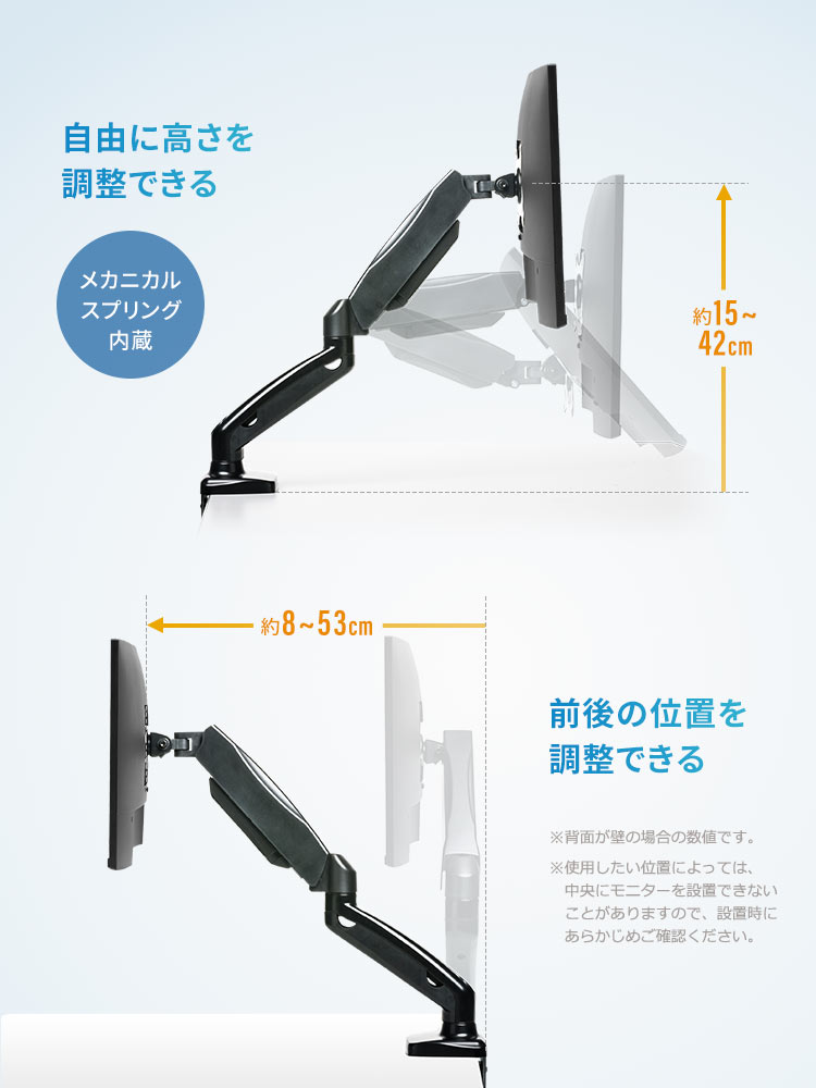 自由に高さを調整できるメカニカルスプリング内蔵 前後の位置を調整できる ※使用したい位置によっては、中央にモニターを設置できないことがありますので、設置時にあらかじめご確認ください。
