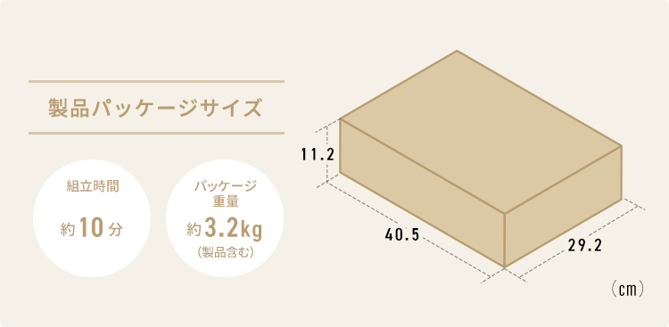 製品パッケージサイズ 組立時間約10分 パッケージ重量約3.2kg(製品含む)